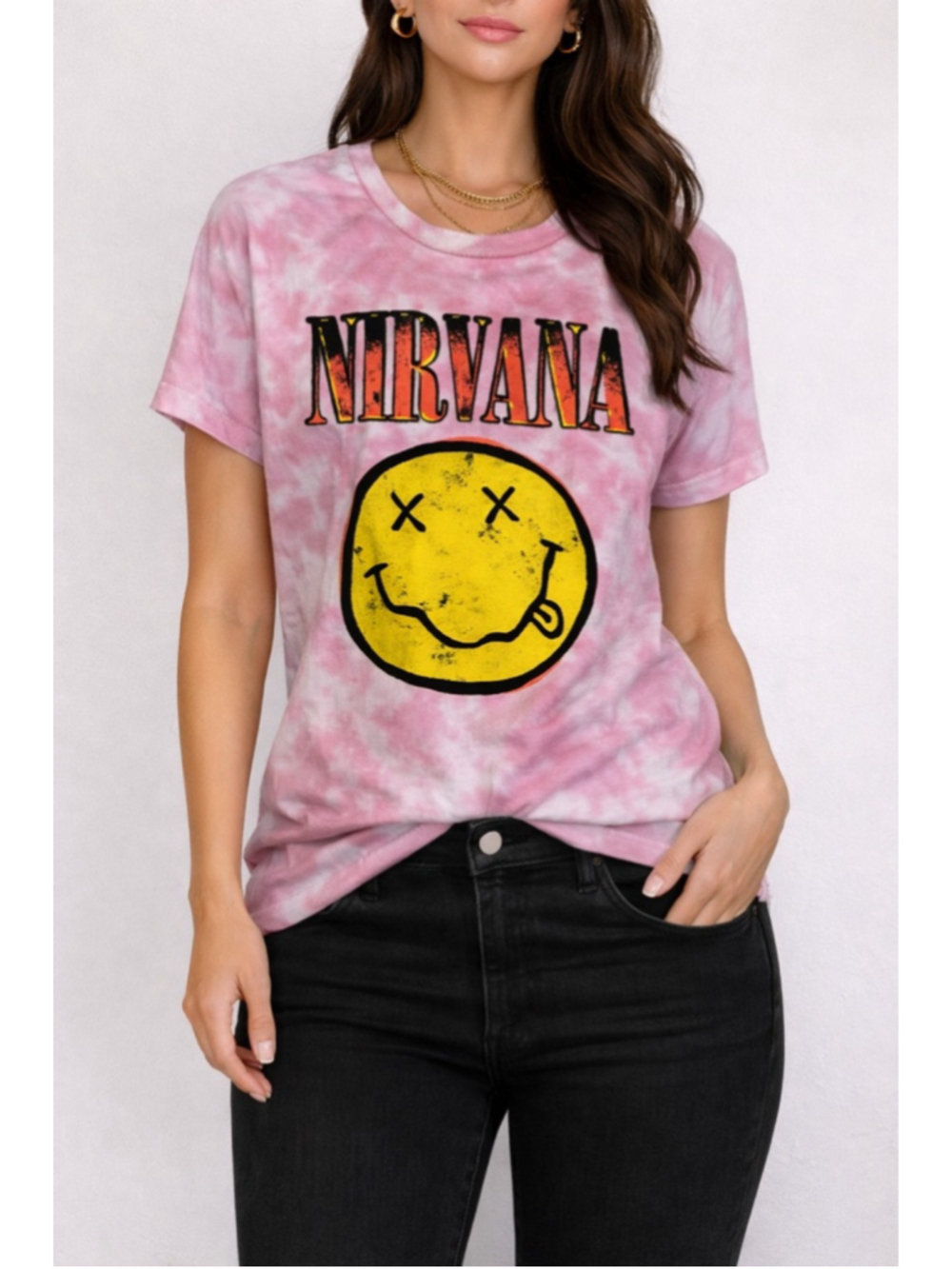 Nirvana Pink Tie Dye Smiley Face Band T-Shirt Small Graphic Grunge Rock Music